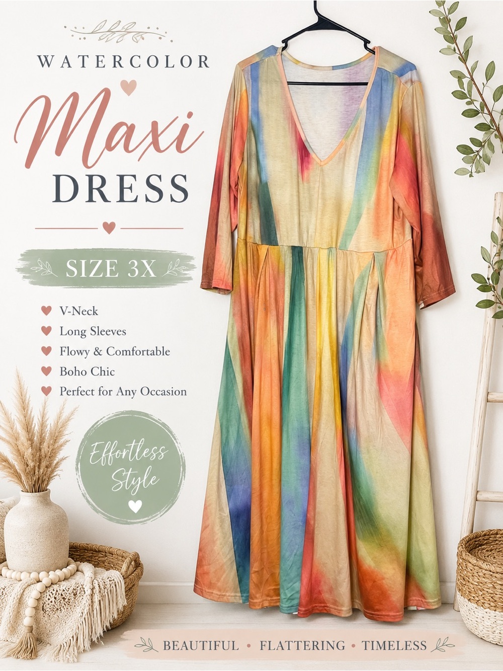 Watercolor V-Neck Boho Maxi Dress - Multicolor